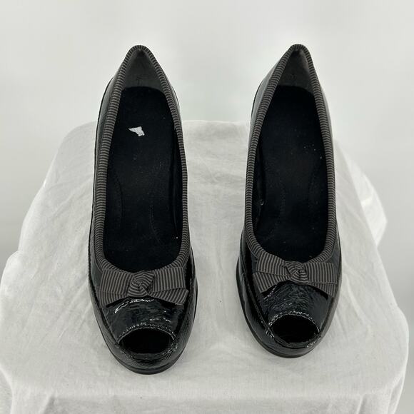 VTG 90s y2k Women's Black Leather Aerosoles Benefit Peep Toe Bow Heel Pumps 7.5M - Picture 3 of 8